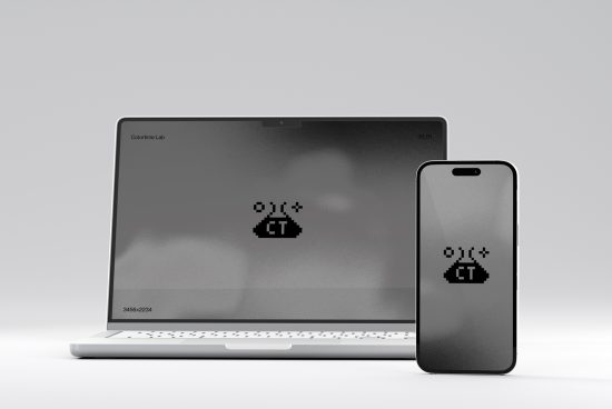 Laptop and smartphone mockup with pixel art icons on screens, minimalist design, digital asset for graphic designers.